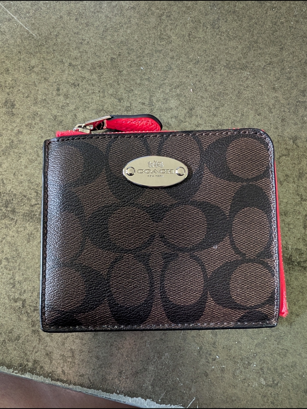 Coach Brown Signature Compact Zip Wallet with Coral Hot Pink Trim